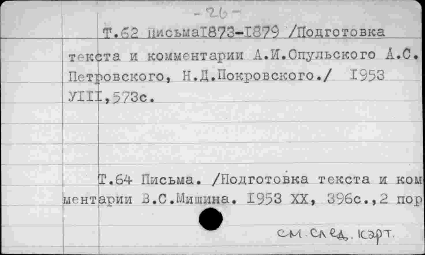 ﻿Г		Т.62 иисьмаТ873-1879 /Подготовка
	тек« Потт!	1та и комментарии А.И.Одульского А.С. невского, Н.Д.Покровского./ 1953
	УШ	:,573с.
		
		
		
		Г.64 Письма. /Подготовка текста и ком
	мент	арии В.0.Мишина. 1953 XX, 396с.,2 пор
		ом елгд,, (сарт
		